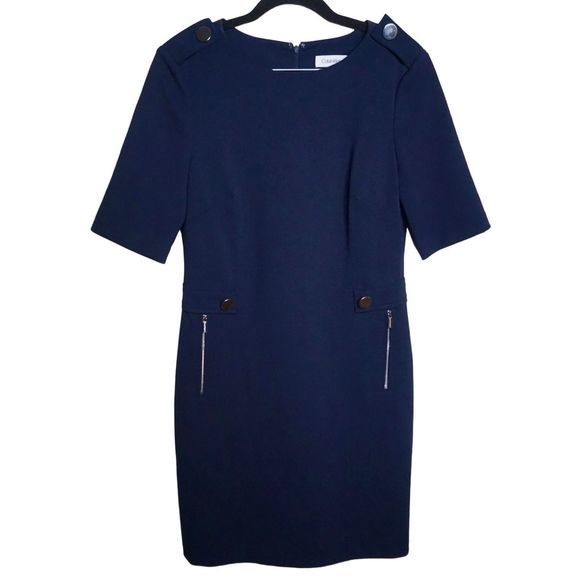 Calvin Klein Women's Sheath Navy Dress Sz 6 Button Short Sleeve Pockets - Picture 2 of 7